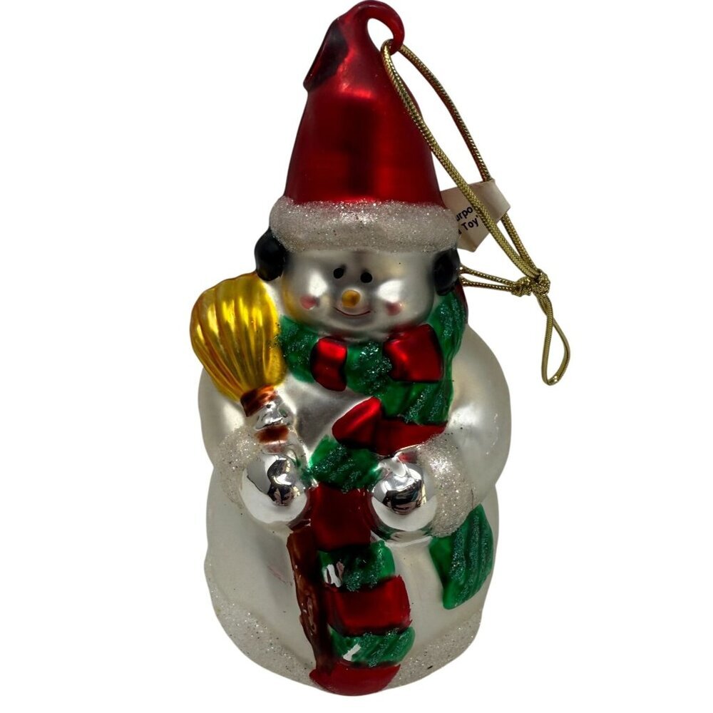 Hand-Painted Glass Snowman Ornament Bulb Cover Red Hat Gold Broom  Holiday Tree